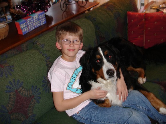 This is my nephew "holding hug" my giant pup on the sofa. This is one of the best hugs you kind enjoy.